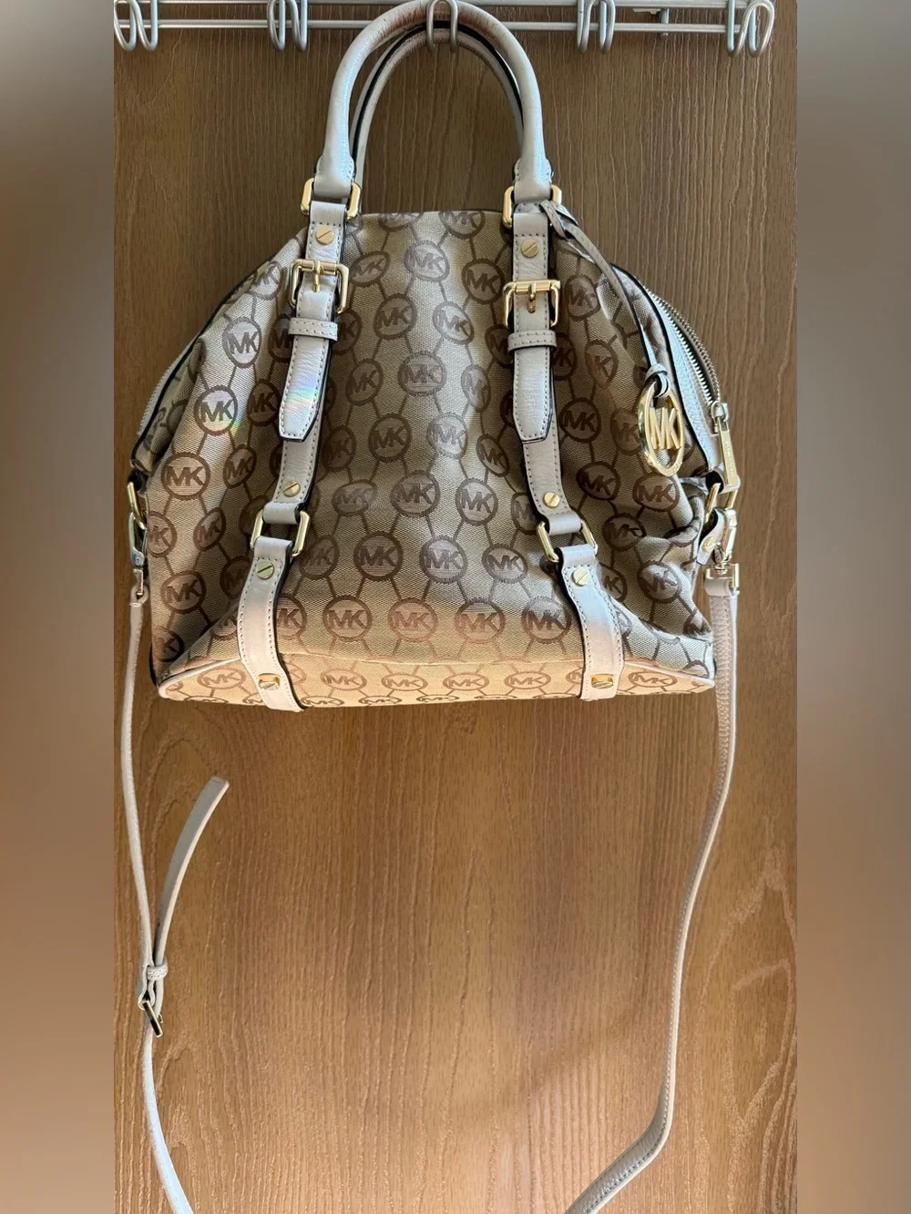 Michael Kors Beige Monogram Shoulder Bag with Gold Hardware